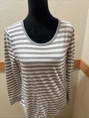 Talbots Women's Striped Long-Sleeve Scoop Neck Top - White & Gray Size M